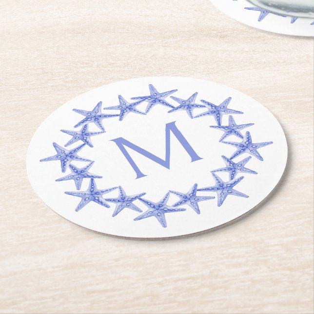 Coastal Blue and White Starfish Wreath Monogram Round Paper Coaster (Angled)