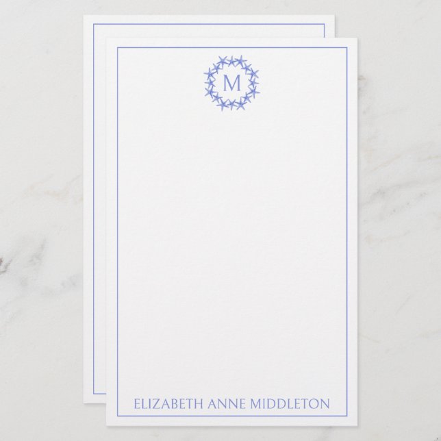 Coastal Blue and White Starfish Wreath Monogram Stationery (Front/Back)