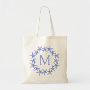 Coastal Blue and White Starfish Wreath Monogram Tote Bag