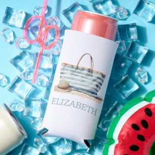 Coastal Blue and White Stripe Beach Tote Seltzer Can Cooler