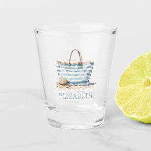 Coastal Blue and White Stripe Beach Tote Shot Glass
