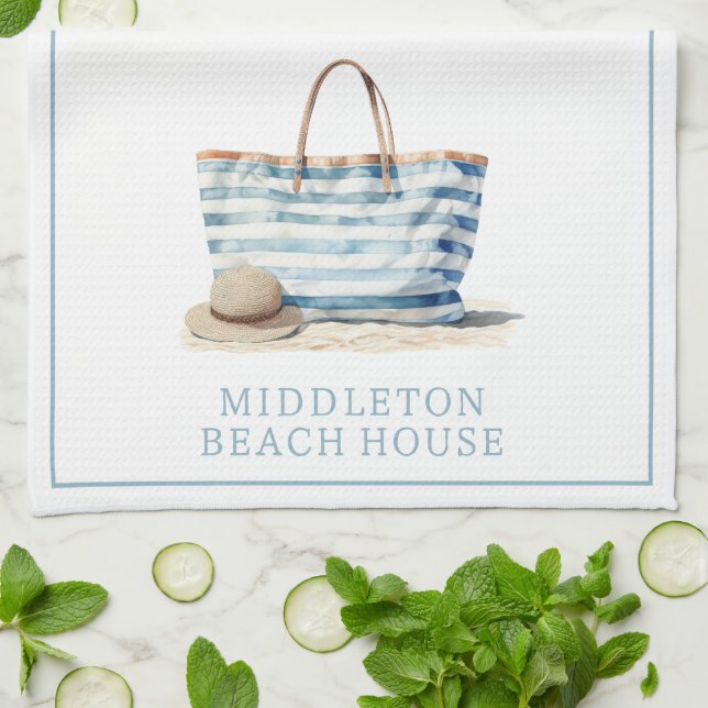 Coastal Blue and White Stripe Beach Tote Tea Towel (Folded)
