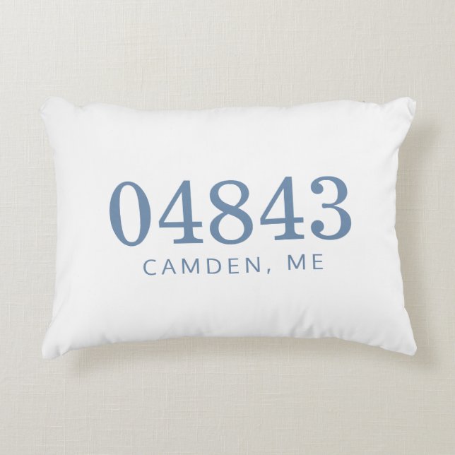 Coastal Blue and White The Location Zip Code Decorative Cushion (Front)