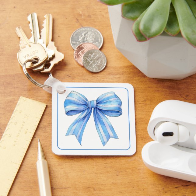 Coastal Blue and White Watercolor Bow Personalised Key Ring (Desk)