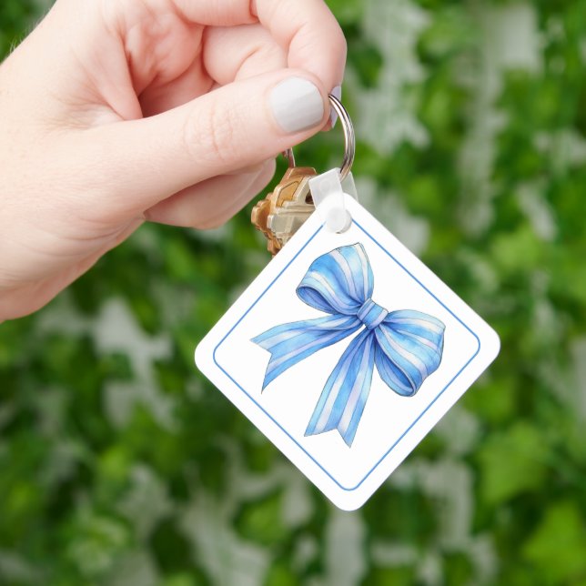 Coastal Blue and White Watercolor Bow Personalised Key Ring (Hand)