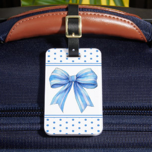 Coastal Blue and White Watercolor Bow Personalised Luggage Tag