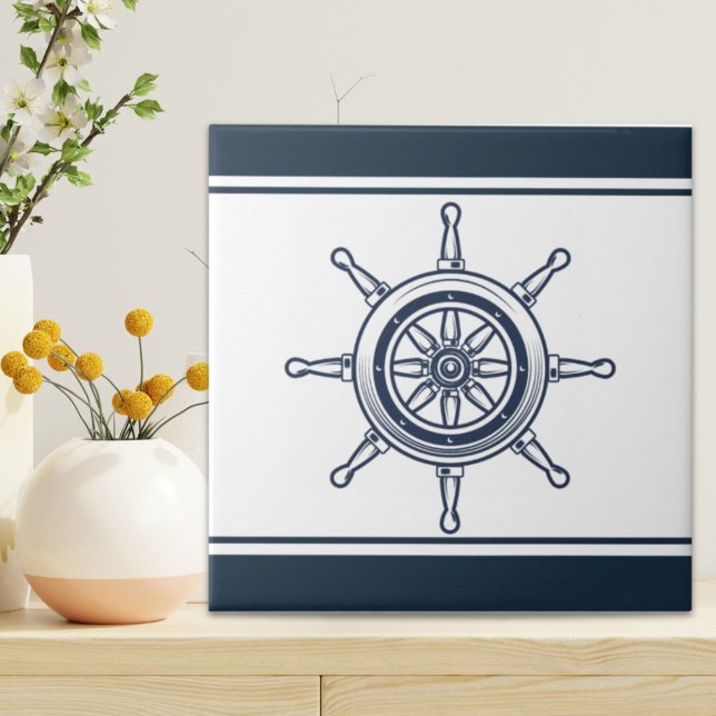 Coastal Blue Beach House Boat Ship Helm Nautical Tile (Coastal Blue Beach House Boat Ship Helm Nautical Ceramic Tile)