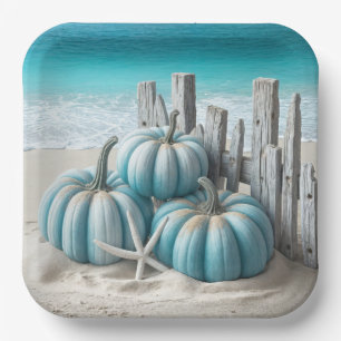 Coastal Blue Beach Pumpkins Paper Plate