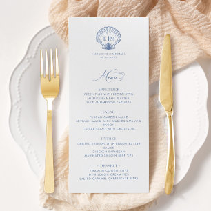 Coastal Blue Beach Shell Monogram Wedding Menu