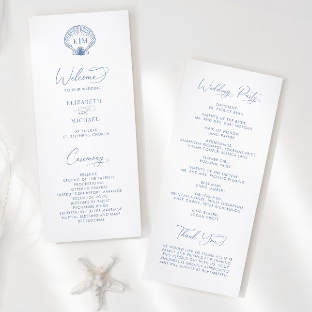 Coastal Blue Beach Shell Monogram Wedding Programme (Creator Uploaded)