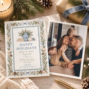 Coastal Blue Botanical Watercolor Bow Family Photo Holiday Card