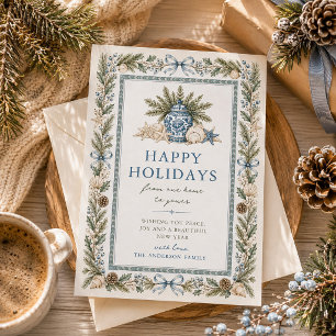 Coastal Blue Chinoiserie Botanical Watercolor Holiday Card