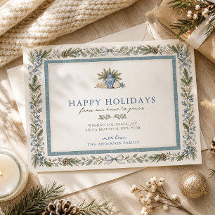 Coastal Blue Chinoiserie Botanical Watercolor Holiday Card