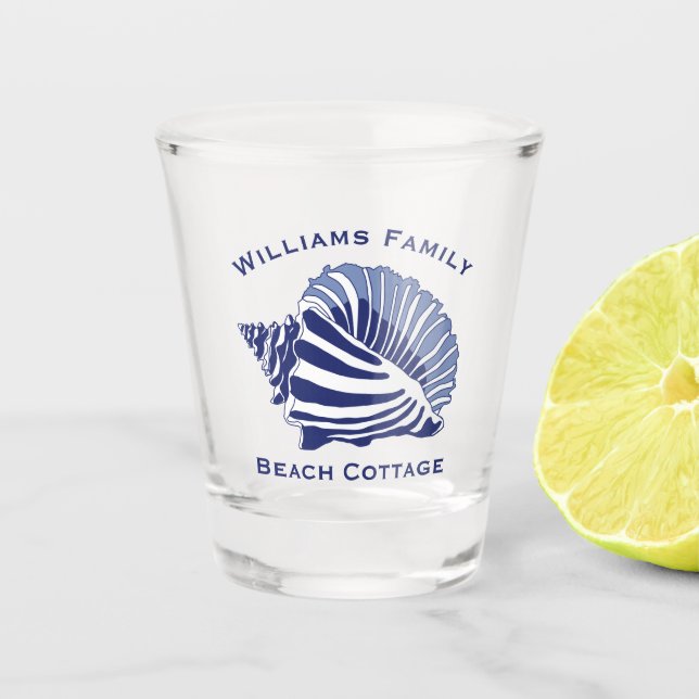 Coastal Blue Conch Seashell Beach Family Monogram Shot Glass (Front)