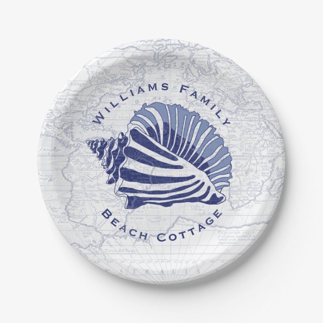Coastal Blue Conch Seashell Family Name Paper Plate (Front)