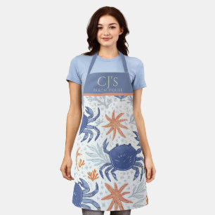 Coastal Blue Coral Crab Nautical Cooking Apron