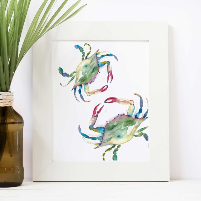 Coastal Blue Crab Beach House Watercolor Poster (Unique crab wall art features watercolor blue crabs by Victoria Grigaliunas of Do Tell A Belle)