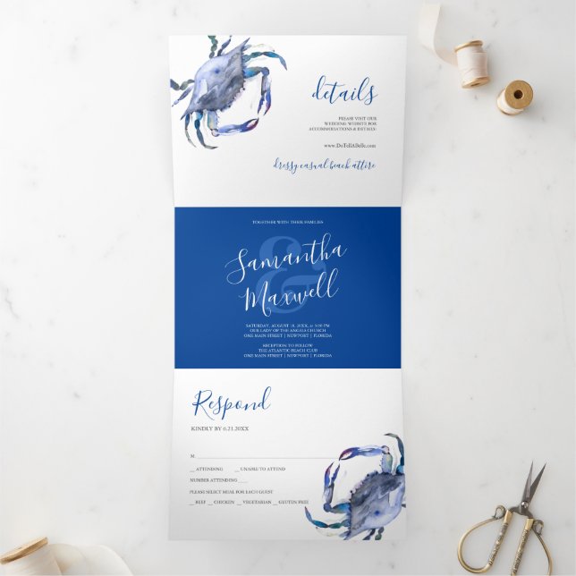 Coastal Blue Crab Trifold Wedding Invitation (Inside)