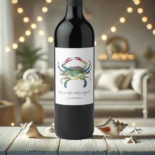 Coastal Blue Crab Watercolor Wine Label