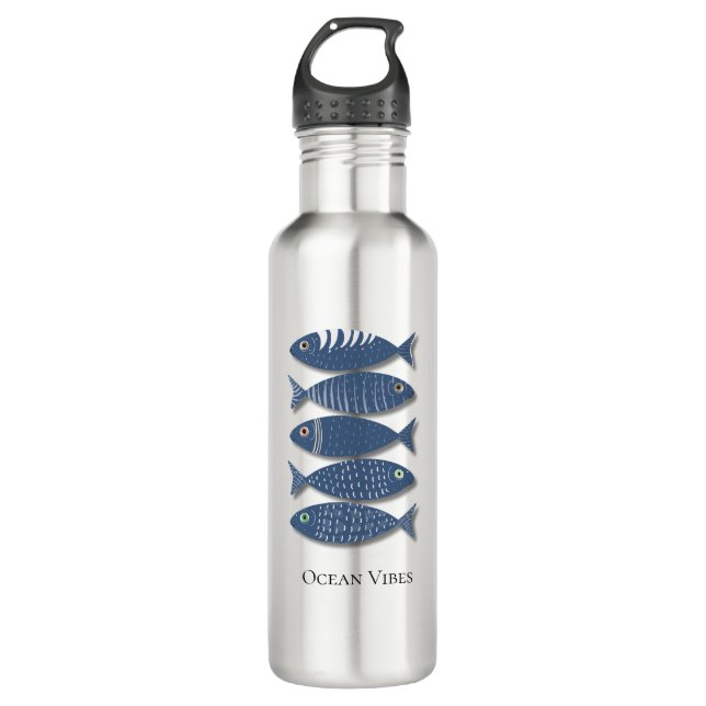 Coastal Blue Fish Pattern on Beige Background 710 Ml Water Bottle (Front)