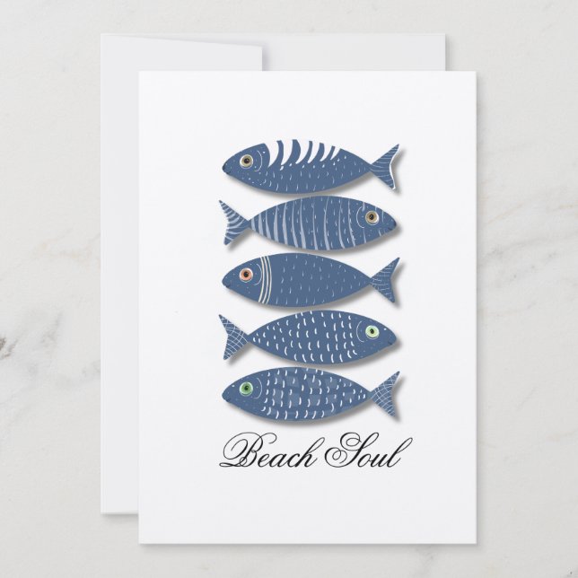 Coastal Blue Fish Pattern on Beige Background Invitation (Front)