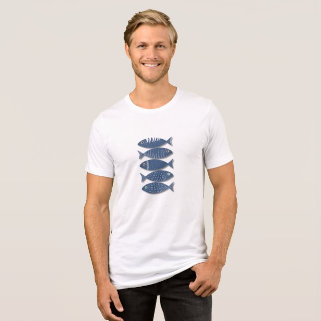 Coastal Blue Fish Pattern on Beige Background Tri-Blend Shirt (Front Full)