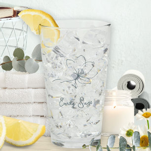 Coastal Blue Floral Line Art Minimalist Zen Glass