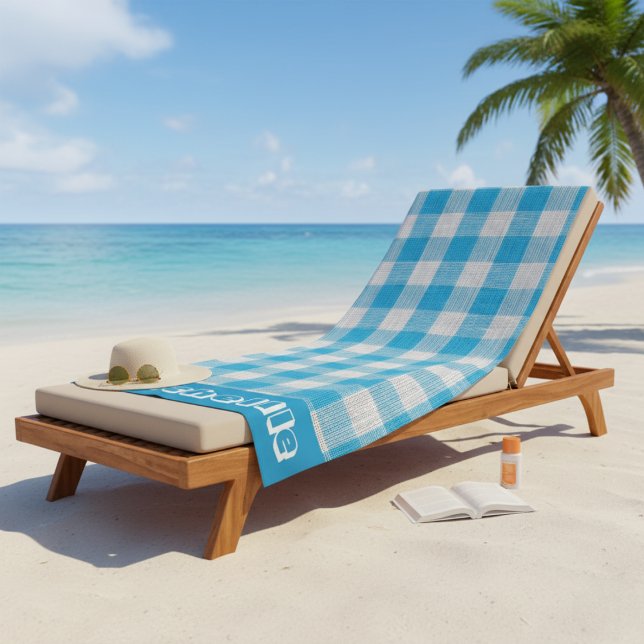 Coastal Blue Gingham Personalised  Beach Towel (Classic Navy Gingham Round Beach Towel)