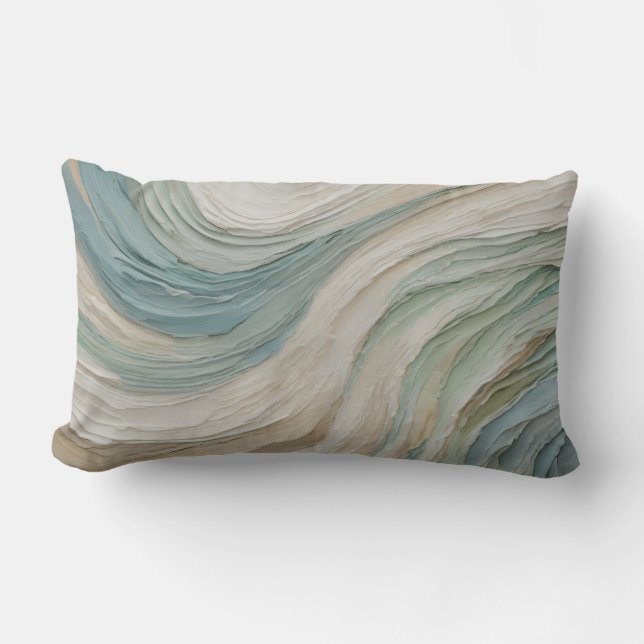 Coastal Blue Green Beige Abstract Waves Lumbar Cushion (Front)