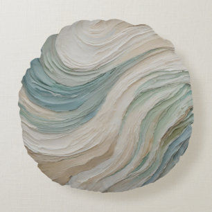Coastal Blue Green Beige Abstract Waves Round Cushion