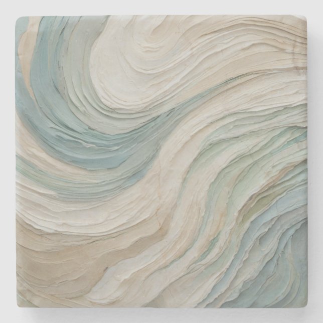 Coastal Blue Green Beige Abstract Waves Stone Coaster (Front)