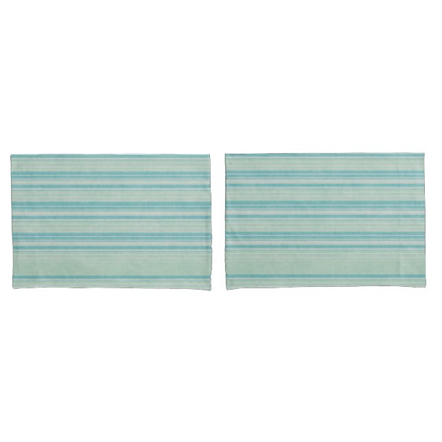Coastal Blue Green Striped His Her Name Rustic  Pillowcase (Front-Set)