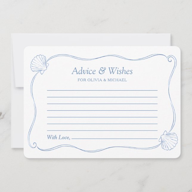 Coastal Blue Hand Drawn Shell Bridal Shower Advice Card (Front)