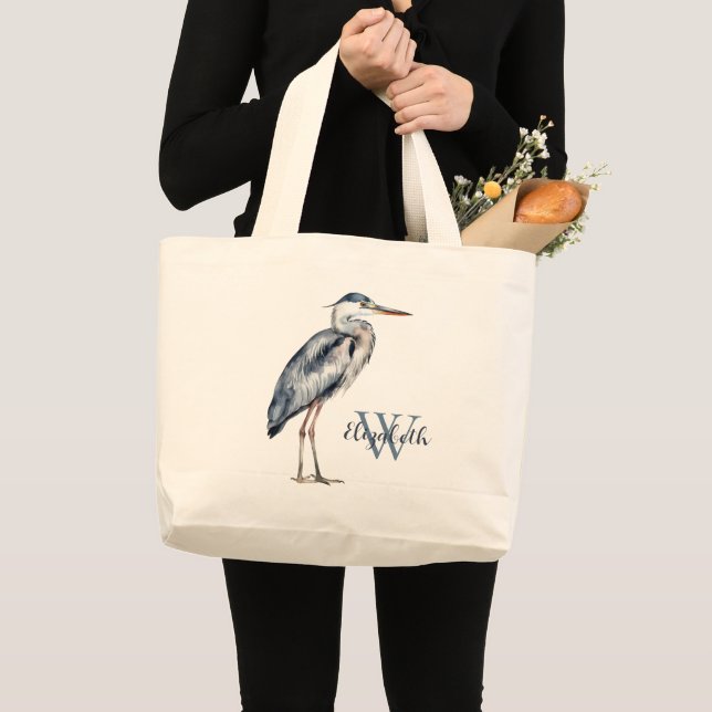 Coastal Blue Heron Bird Monogram Large Tote Bag (Front (Product))