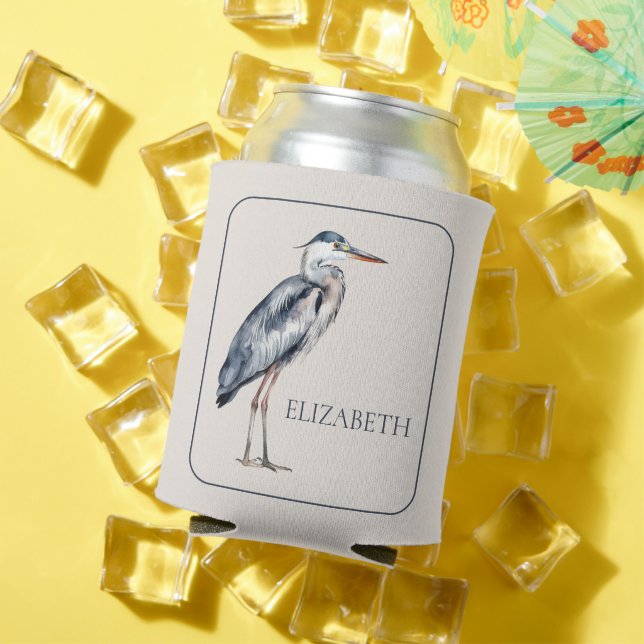 Coastal Blue Heron Bird Personalised Can Cooler (In Situ Summer)