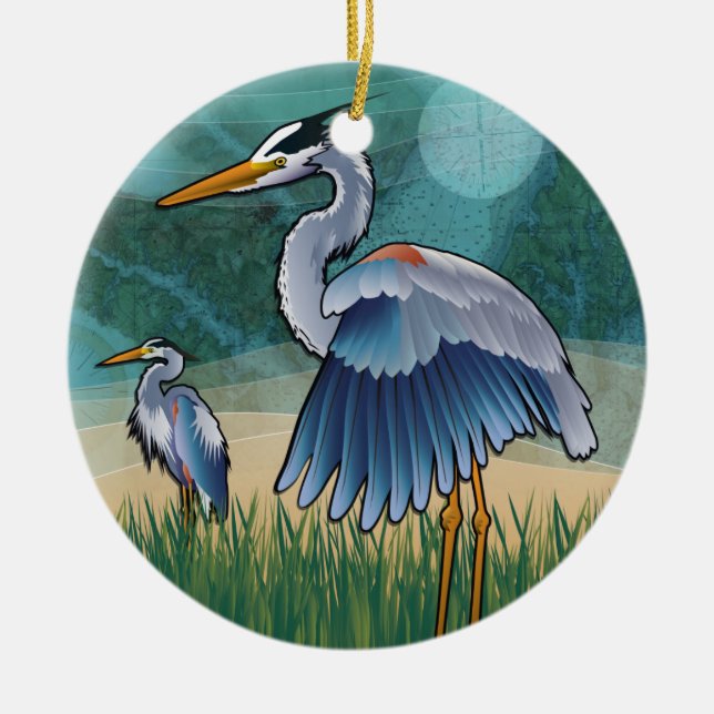 Coastal Blue Herons Ceramic Tree Decoration (Front)