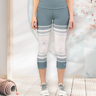 Coastal Blue Ivory Floral Line Art Athletic Stripe Capri Leggings