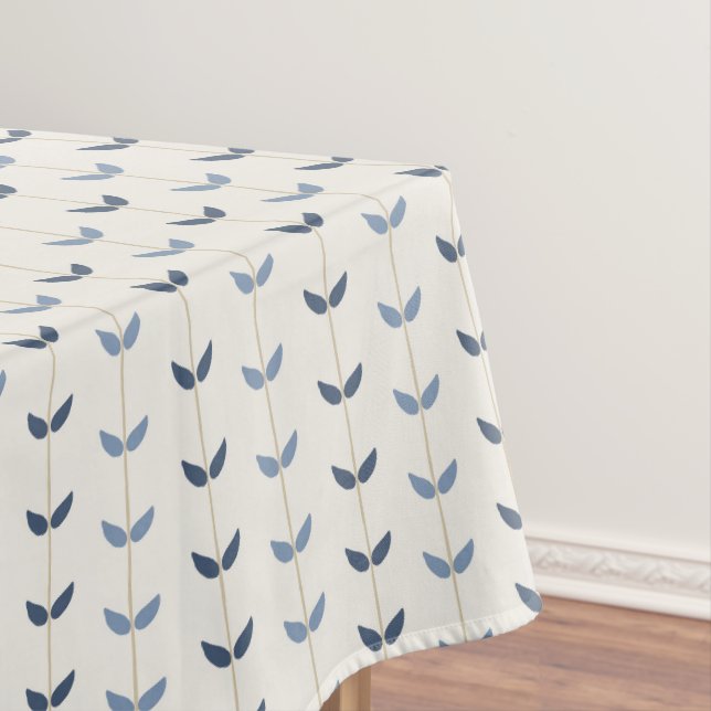 Coastal Blue Leaf Stripe Minimal Botanical Pattern Tablecloth (In Situ)
