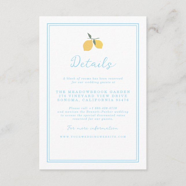 Coastal Blue Lemon Amalfi Wedding Details Card (Front)