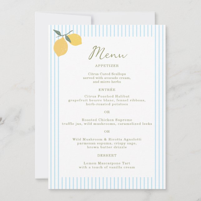 Coastal Blue Lemon Amalfi Wedding Menu Card (Front)