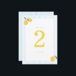 Coastal Blue Lemon Amalfi Wedding Table Number<br><div class="desc">Coastal Blue Lemon Amalfi wedding table number designed for a cheerful Italian summer wedding reception. This elegant design blends Mediterranean citrus aesthetics with coastal preppy style, perfect for modern brides planning a stylish destination or seaside celebration. Pair with lemon centerpieces, blue-and-white décor, and linen table runners for a bright Amalfi-inspired...</div>