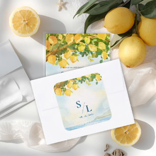 Coastal Blue & Lemon Watercolor Monogram Wedding Square Sticker