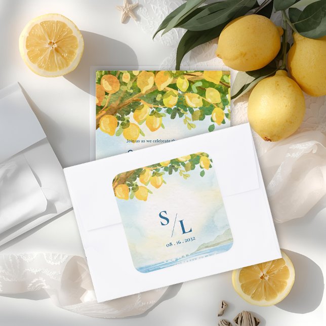 Coastal Blue & Lemon Watercolor Monogram Wedding Square Sticker (Coastal Blue & Lemon Watercolor Monogram Wedding Square Sticker)