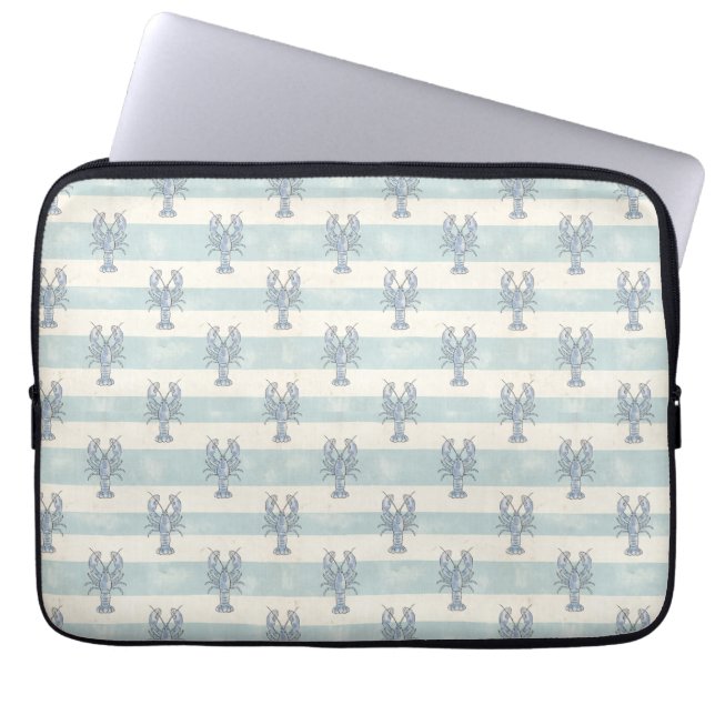 Coastal Blue Lobster Nautical Stripes Pattern Laptop Sleeve (Front)