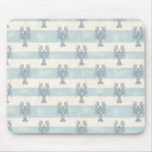 Coastal Blue Lobster Nautical Stripes Pattern Mouse Pad