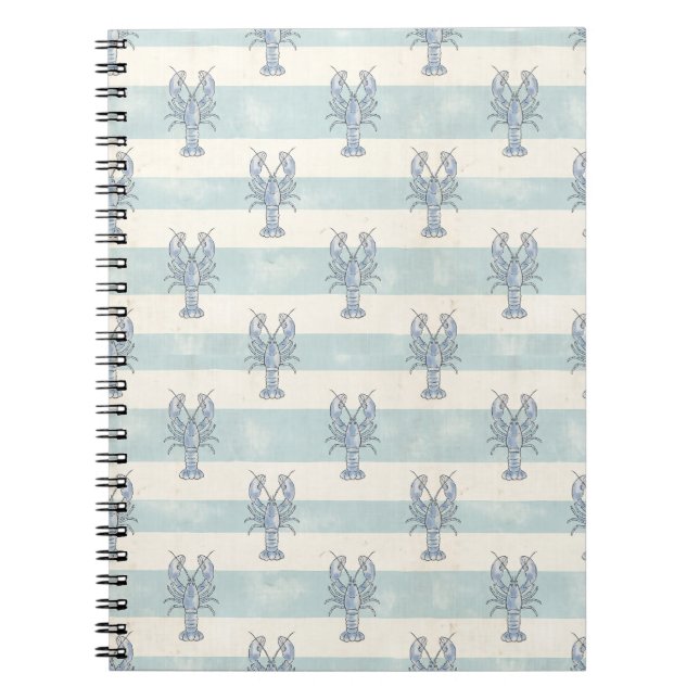 Coastal Blue Lobster Nautical Stripes Pattern Notebook (Front)