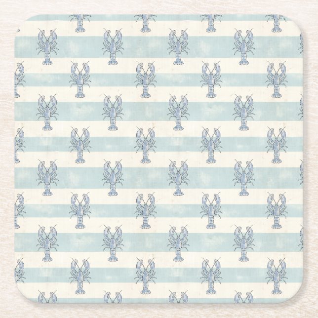 Coastal Blue Lobster Nautical Stripes Pattern Square Paper Coaster (Front)