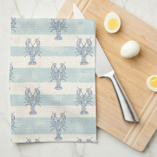 Coastal Blue Lobster Nautical Stripes Pattern Tea Towel