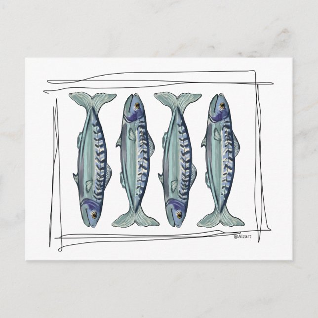 Coastal Blue Mackerel Seamless Ocean Fish Pattern Postcard (Front)