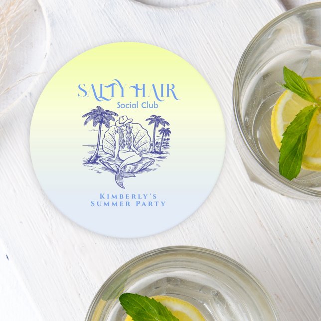Coastal Blue Mermaid Cowgirl Summer Party Round Paper Coaster (Creator Uploaded)